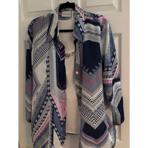 Women's Alfred Dunner Button Down Shirt Plus 14 White Blue Pink Geometric